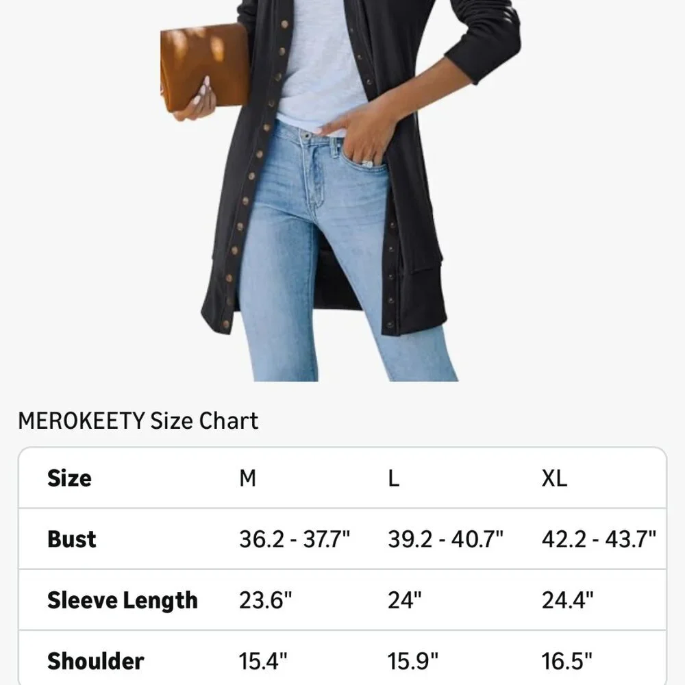 MEROKEETY Spring Knit Cardigan Sweater Snap Button Down Open Front Black Top - Picture 5 of 6